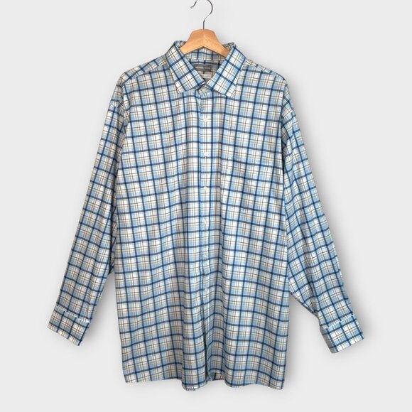 Michael Kors Button Down Men's 18.5 34/35 Big Fit Travel Stretch Blue Plaid - Picture 2 of 8